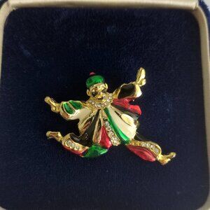 Prancing Clown Brooch Colorful Enamel Rhinestones Gold Tone Metal Multicolor
